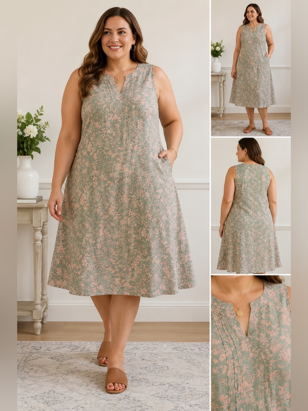 Chadwicks 1X Linen Blend Floral Dress Sage Green Pink Sleeveless A-Line Dress